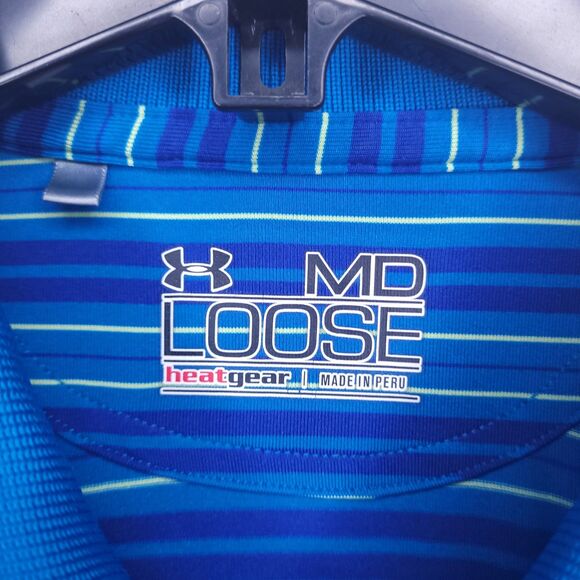 Under Armour Polo Shirt Mens Medium Striped Blue HeatGear Loose - Picture 9 of 10